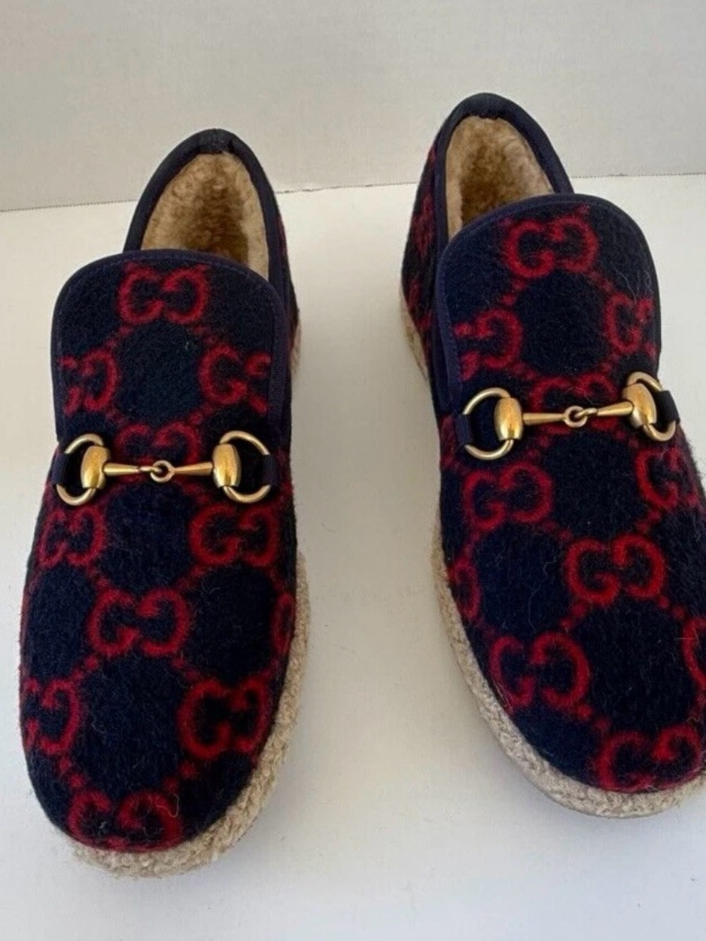 Auth Gucci Fria Horsebit Loafers Espadrille Wool Logo Monogram